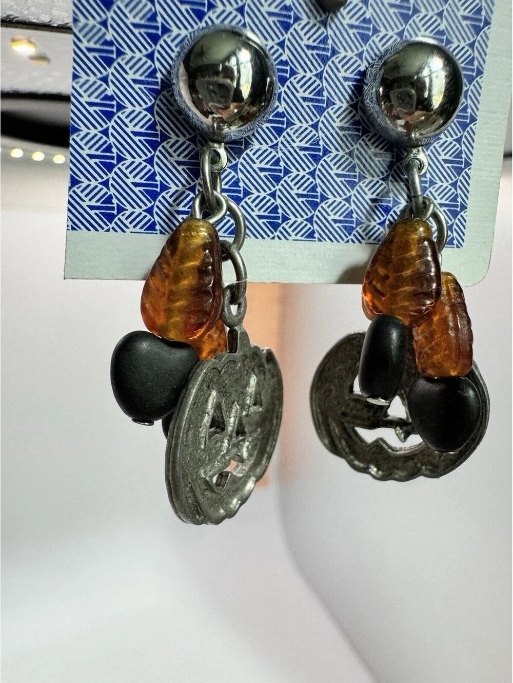 Halloween Jack-O-Lantern Dangle Earrings Silver Tone Amber Black Beaded Charms